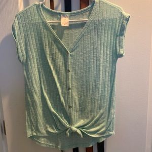 Light teal front tie blouse